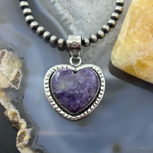 Sterling Silver Southwestern Style Charoite Decorated Heart Pendant For Women #1 - Picture 2 of 10